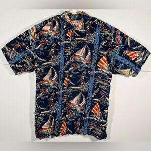 Avanti Silk Hawaii Catamaran Surf Rider Waikiki Diamond Head Button Shirt Mens M